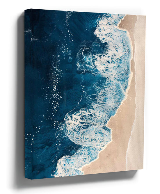 Ocean waves and light sandy beach, blue coastal canvas wall art