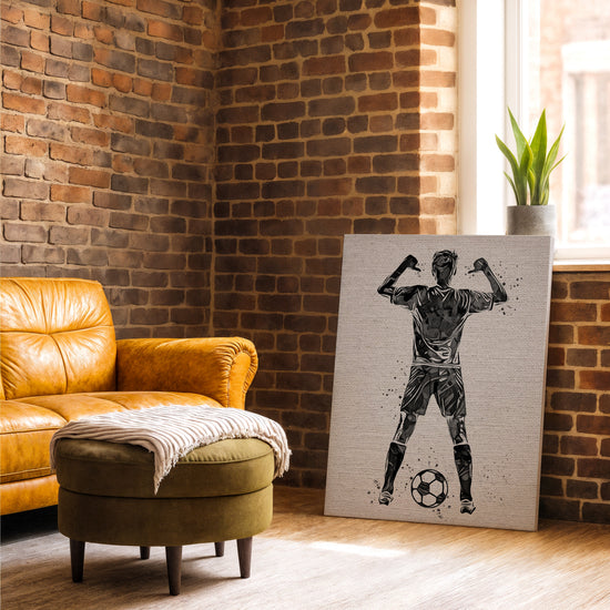 Black and white soccer player canvas wall art for industrial living room decor