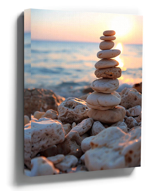 Stacked stones at sunset photo print in warm tones