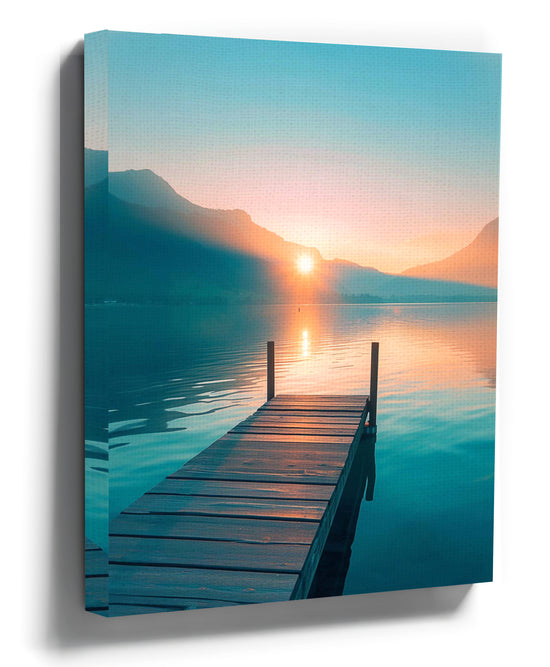 Bridge over lake at sunset canvas wall art for zen living room decor