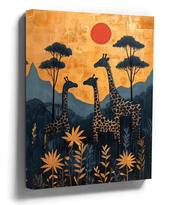 Minimalist giraffe wall art at an African sunset in warm, earthy tones