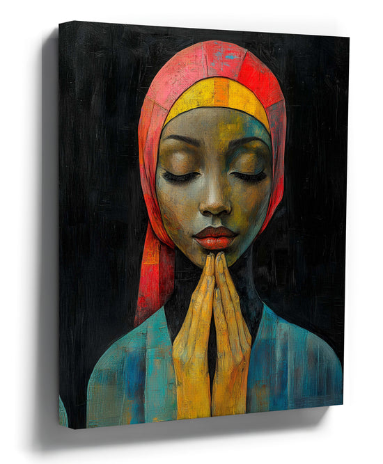 Textured painting of an African woman praying on a black background
