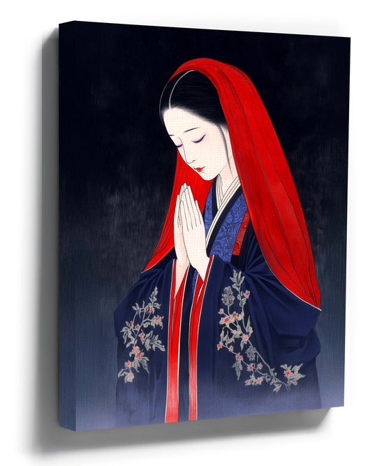 Japanese kimono wall art of a serene woman praying — minimalist living room decor, Asian art print