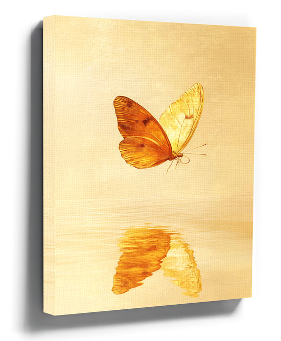 Golden butterfly with reflection, minimalist gold wall art print