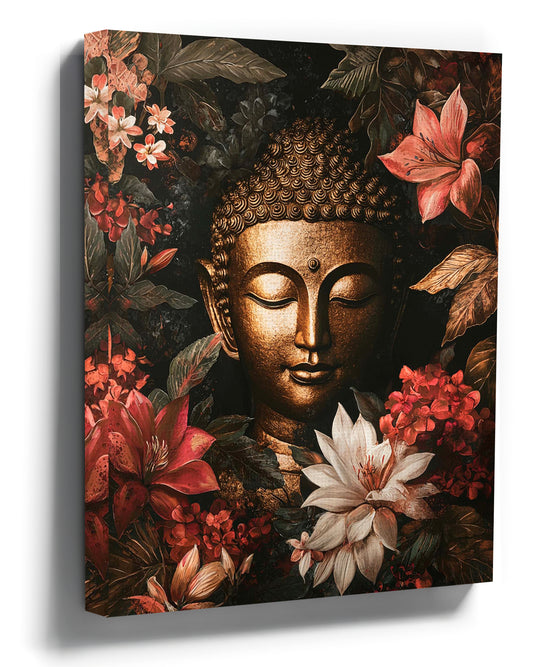Golden Buddha canvas with exotic red and white flowers on a dark background, Zen wall art