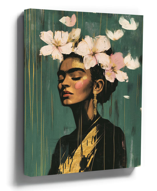 Female portrait with closed eyes and flowers, modern green and gold canvas wall art