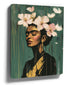 Female portrait with closed eyes and flowers, modern green and gold canvas wall art