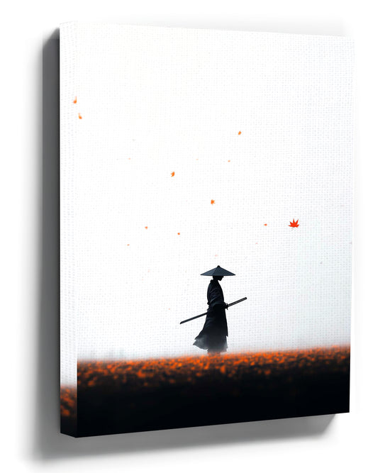 Samurai silhouette with red maple leaves, minimalist black and white Japanese wall art print
