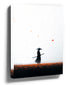 Samurai silhouette with red maple leaves, minimalist black and white Japanese wall art print