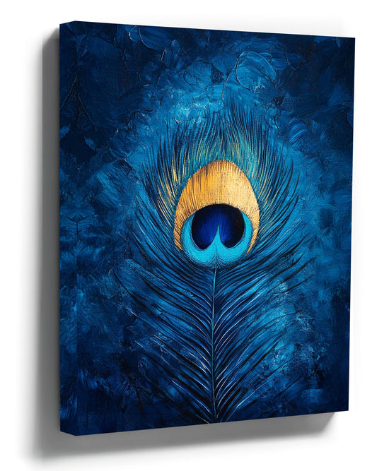 Blue and gold peacock feather oil painting, modern wall art for home decor