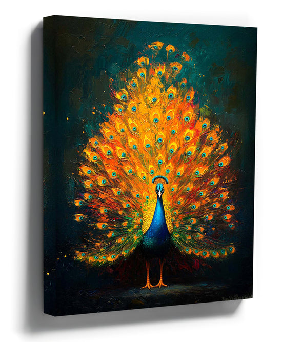 Majestic peacock canvas wall art, oil painting in gold and blue tones with fully fanned tail