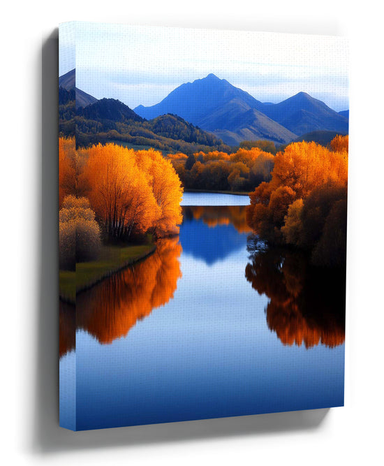 Autumn landscape canvas print of a river and mountains with blue reflections