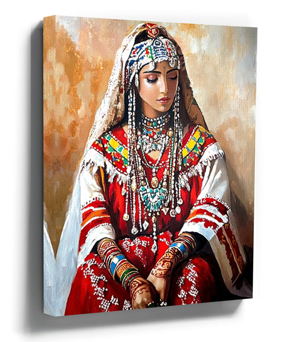 Moroccan Berber bride canvas wall art in traditional attire for ethnic living room decor