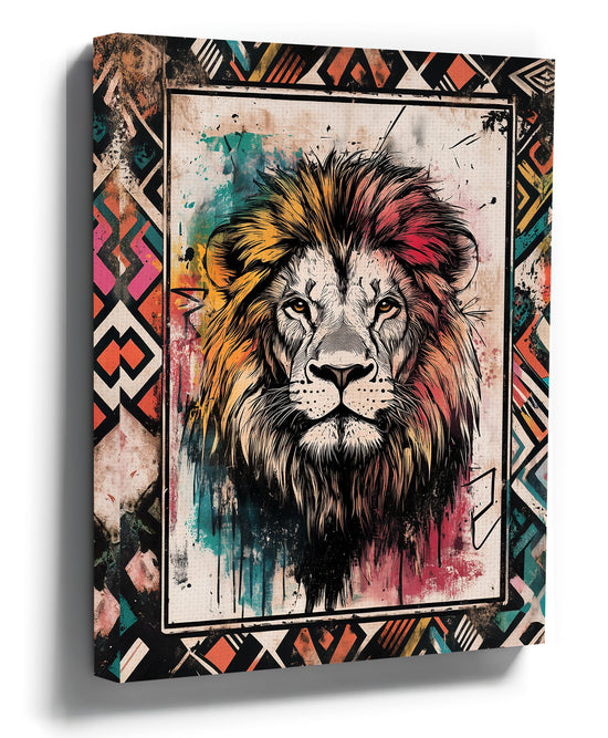African tribal lion head wall art with vibrant wax print-inspired colors for living room decor