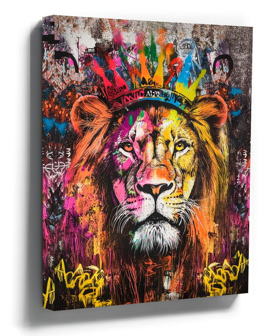Crowned lion graffiti canvas – multicolor street art wall art