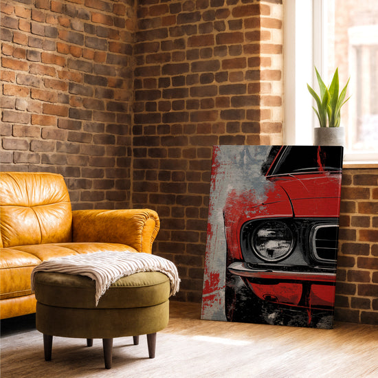 Red vintage car wall art for industrial living room decor, brick wall and camel leather