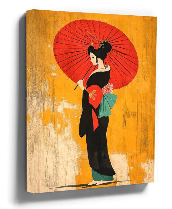 Japanese geisha canvas wall art with parasol for a minimalist living room