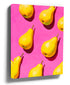 Modern Pop Pears framed print – colorful fruit wall art for kitchen, vibrant pop art poster with yellow pears on a hot pink background, styled in a room setting