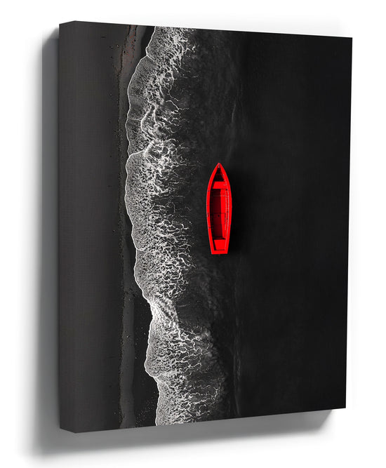 Minimalist black-and-white wall art canvas featuring a red boat on the shoreline