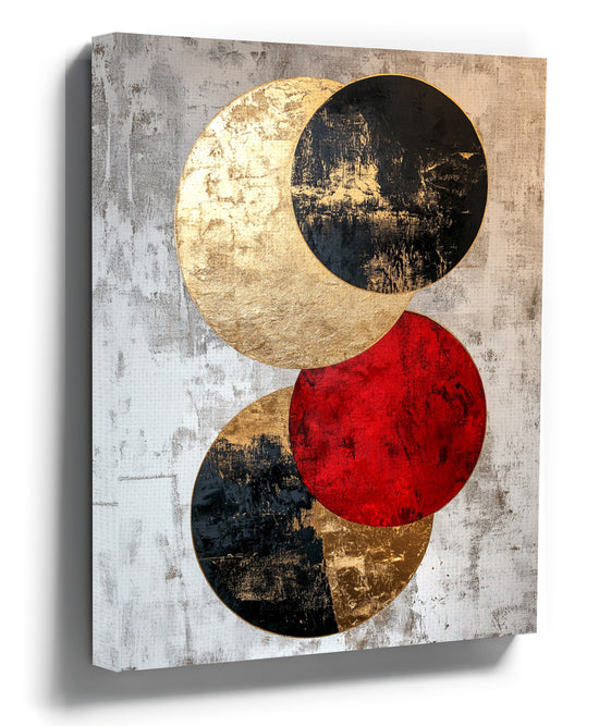 Abstract canvas wall art with gold, black and red circles for a minimalist living room
