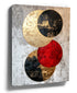 Abstract canvas wall art with gold, black and red circles for a minimalist living room