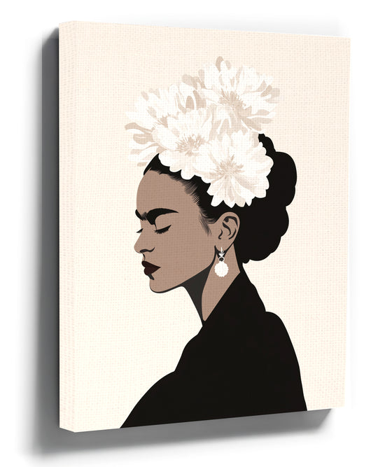 Minimalist black and beige female profile portrait wall art with white flowers