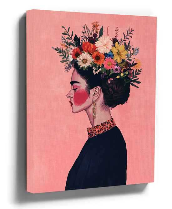 Boho wall art: woman portrait with flower crown on pink background, modern art print for living room decor