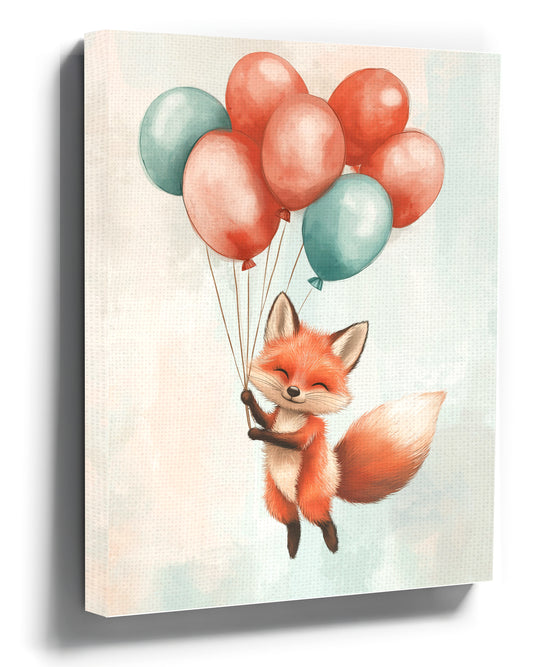 Nursery wall art: baby fox with pastel balloons, minimalist gender-neutral baby room decor