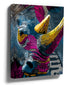 Pop art typographic rhinoceros (rhino) wall art in vivid yellow, pink, blue, and purple on a dark background