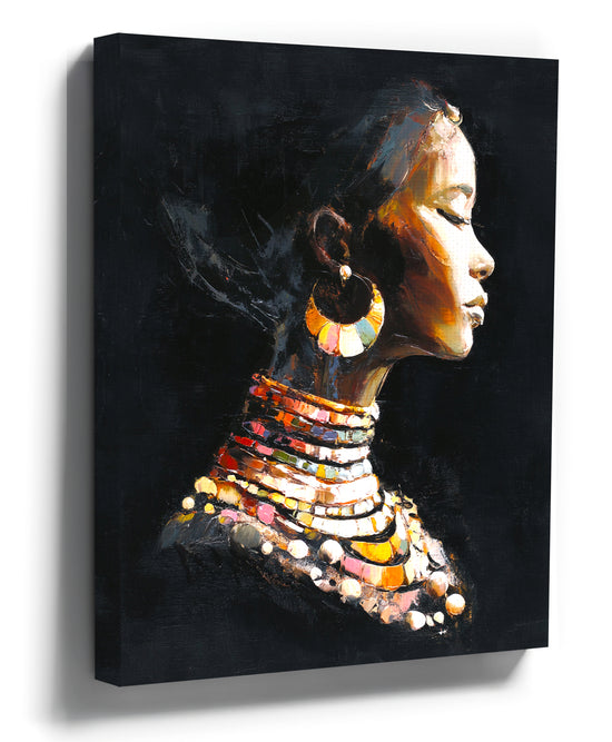 African woman profile portrait canvas print with colorful jewelry on a black background - modern African wall art