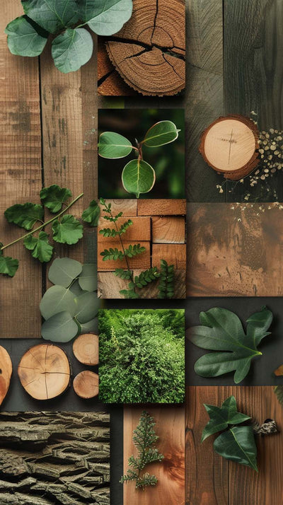 This mood board highlights the harmony between wood and nature. It showcases an aesthetic arrangement of wood textures (trunks, bark, planks) and various foliage (eucalyptus, ferns, fig leaves...). The whole exudes a natural, organic, and soothing ambiance, ideal to inspire an eco-friendly and warm interior decoration.