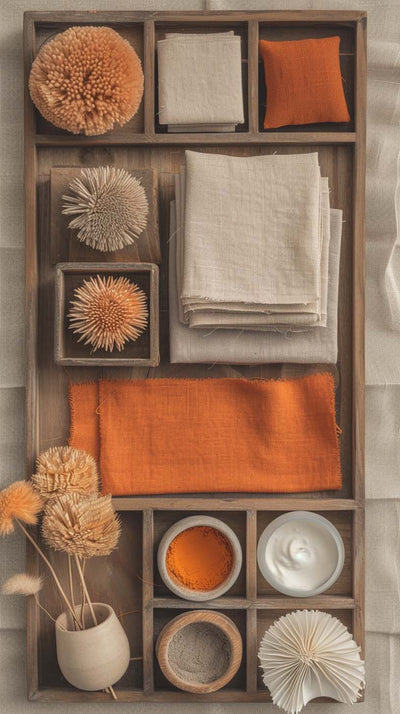 Warm-toned mood board with natural materials and vibrant orange accents. Featuring beige and orange linen fabrics, dried flowers, colorful pigments, and mineral textures, creating a cozy, artisan, and invigorating atmosphere.