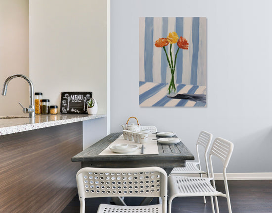 Floral still life on blue striped backdrop, clean modern kitchen ambiance