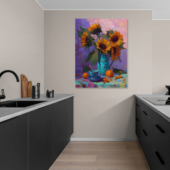 Colorful still life with sunflowers and fruit, perfect for a modern and elegant kitchen