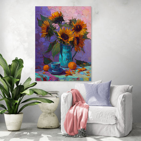 Vibrant still life with sunflowers and blue cup, bringing warmth and color to a living room