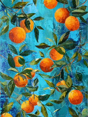 Oranges vibrantes sur fond bleu texturé dans un style botanique lumineux