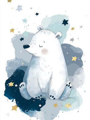 Illustration of an adorable polar bear surrounded by stars on a blue watercolor background, with a child-like and dreamy style