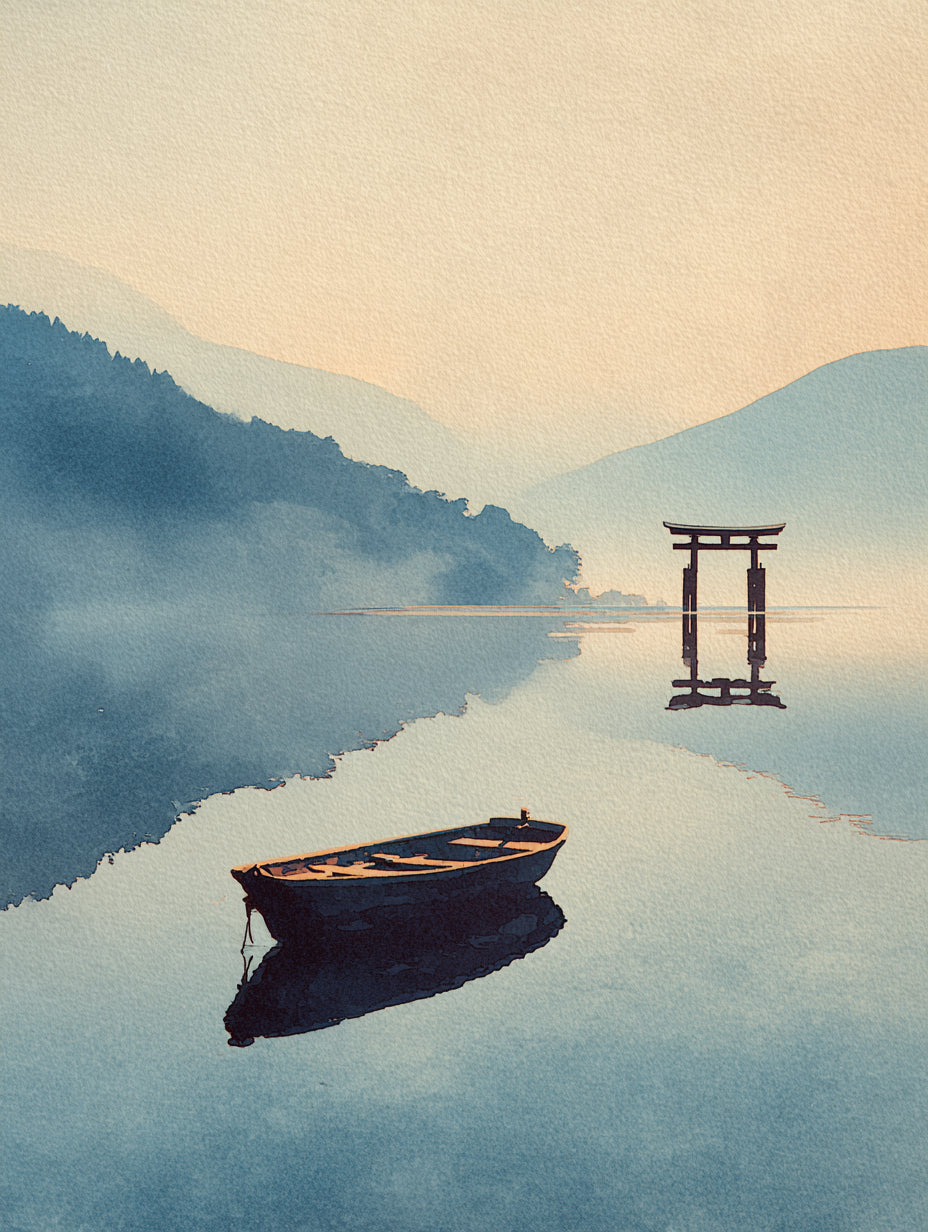 Tableau mural japonais - Barque et torii au lac brumeux