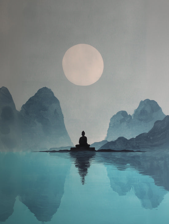 Zen landscape with meditation silhouette in front of mountains and lunar reflection, serene style