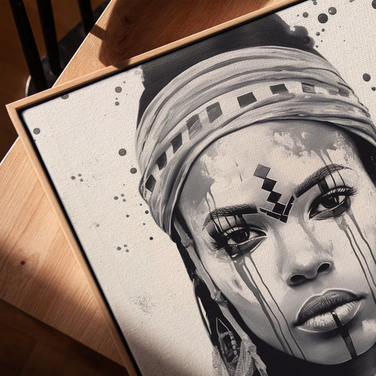 Femme africaine noir blanc tableau pour salon cadre chêne doré