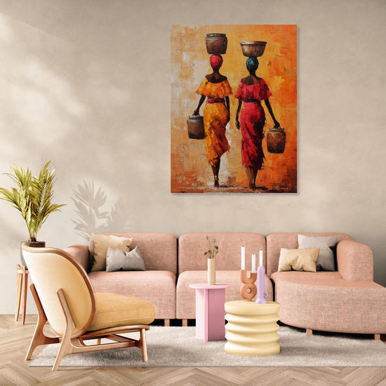 Peinture colorée de femmes africaines portant des paniers dans un salon moderne aux tons pastel, art ethnique décoratif