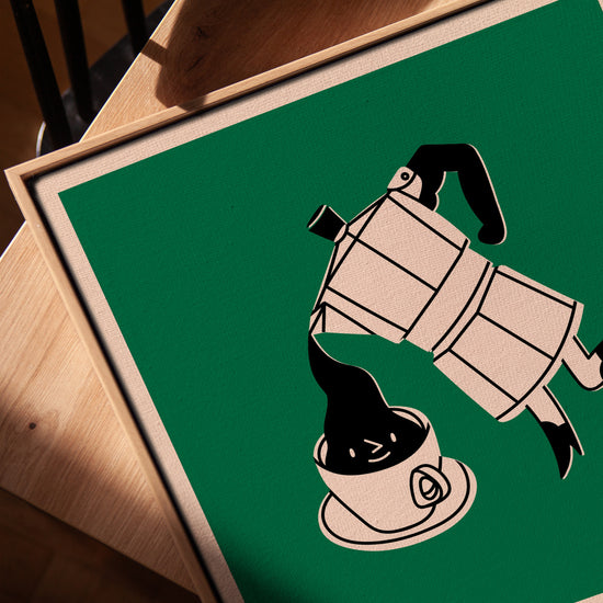 Moka pot illustration wall art for living room, golden oak frame