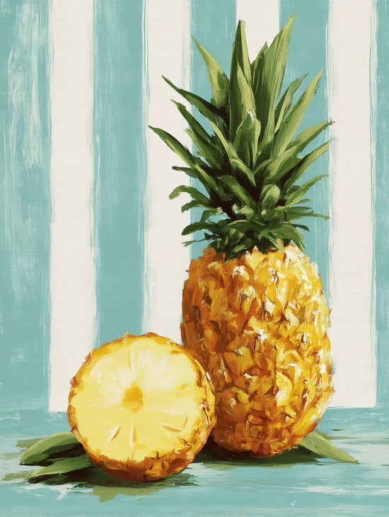 Pineapple wall art on turquoise stripes, bright tropical canvas for modern kitchen decor