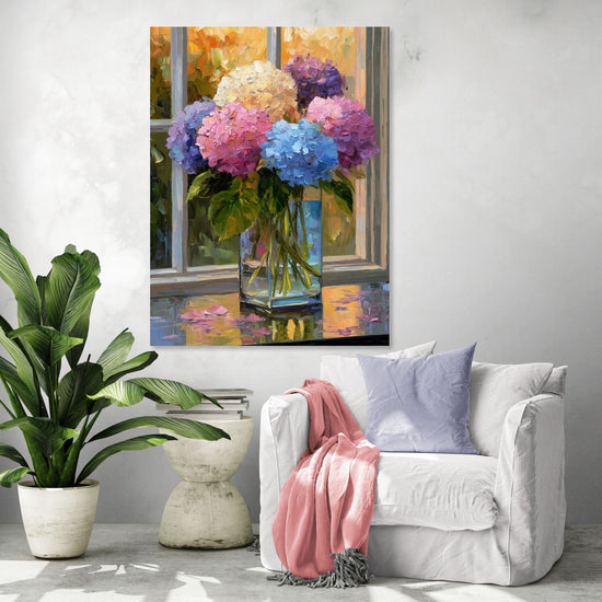 Colorful flowers painting in a vase near a window, bright and soothing atmosphere in a modern living room