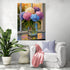 Colorful flowers painting in a vase near a window, bright and soothing atmosphere in a modern living room