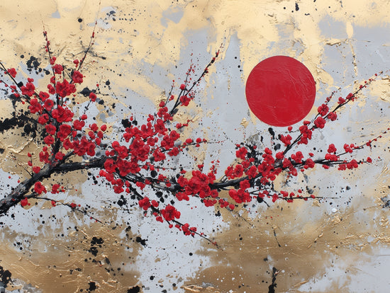 Peinture florale asiatique avec branches de cerisiers et un soleil rouge sur fond doré et texturé
