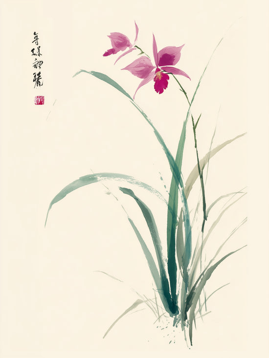 Peinture florale orientale à l'encre avec orchidées roses, style zen et minimaliste