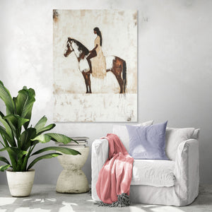 Wall painting of a rider on a horse in a minimalist living room, boho vibe