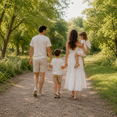 Famille de quatre de dos, main dans la main sur un chemin ensoleillé — la photo de départ du poster personnalisé
