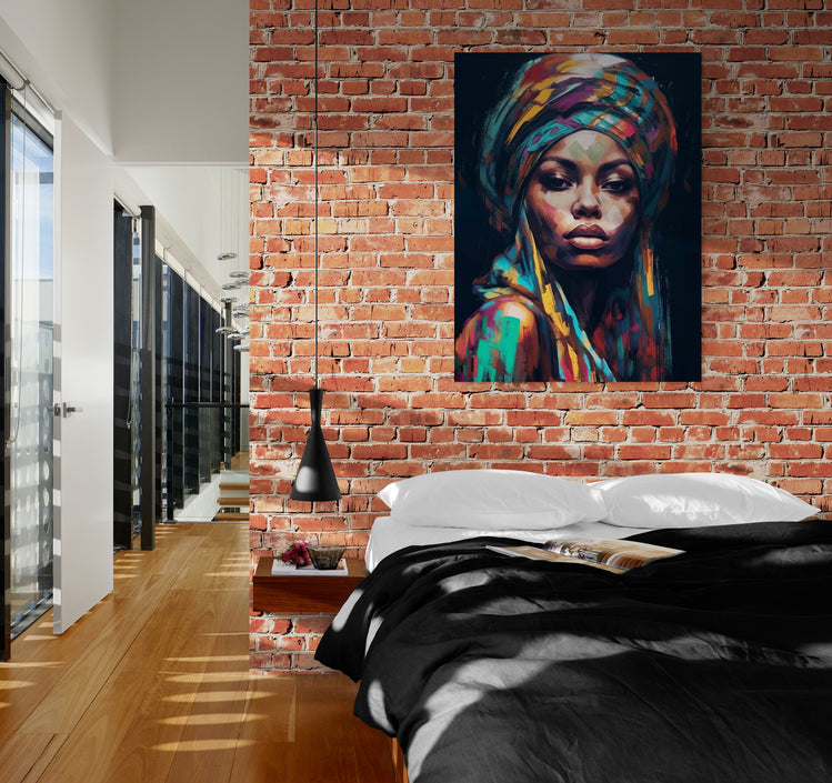 En contraste avec une chambre adulte au style industriel, le tableau portrait féminin africain apporte une note artistique et colorée